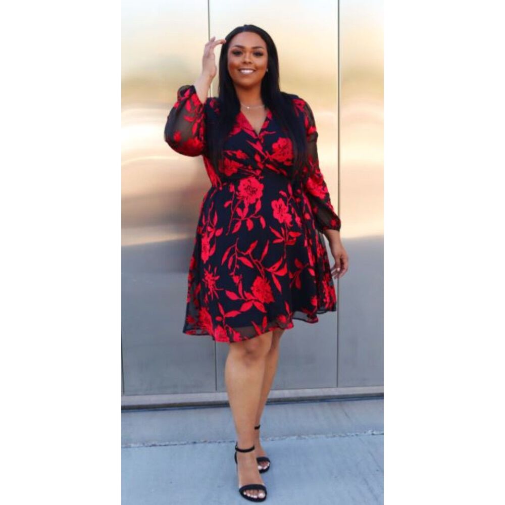 Lane Bryant Dress Black Red Floral Velvet Burnout Wrap Cocktail Size 16 NWT